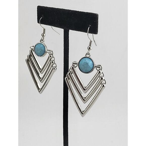 Silver Tone Turquoise Style Geometric Drop Earrings Boho Layered Dangle - Picture 1 of 6